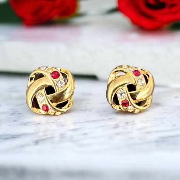 Gold 1/2" Love Knot Earrings Red & Clear Crystal Hypoallergenic‎ Made in the USA - Picture 1 of 2
